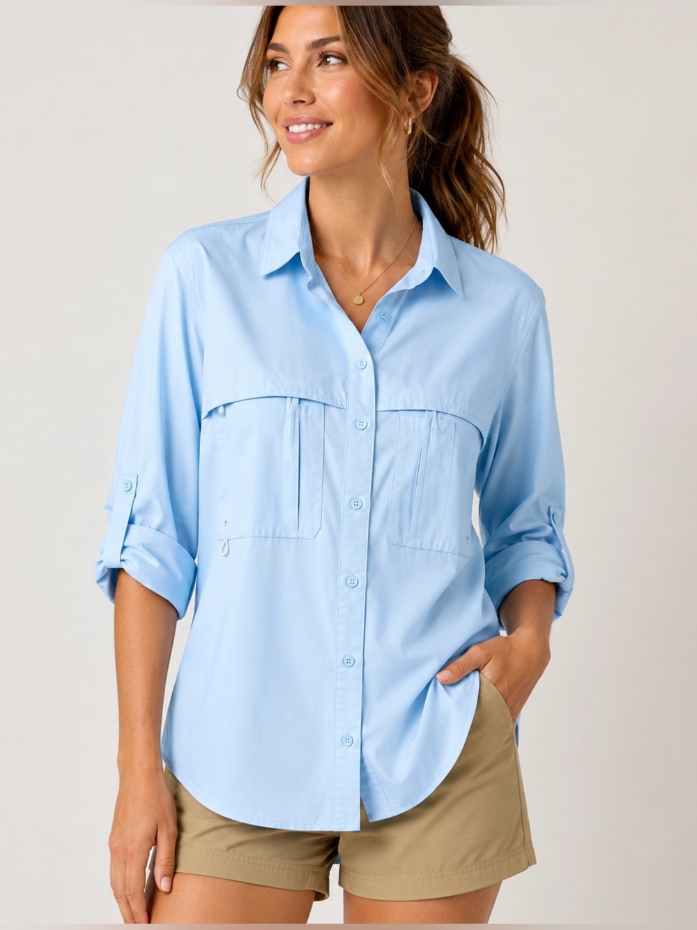 World Wide Sportsman Fishing Shirt Womens Medium Blue Vented Roll Tab Sleeve